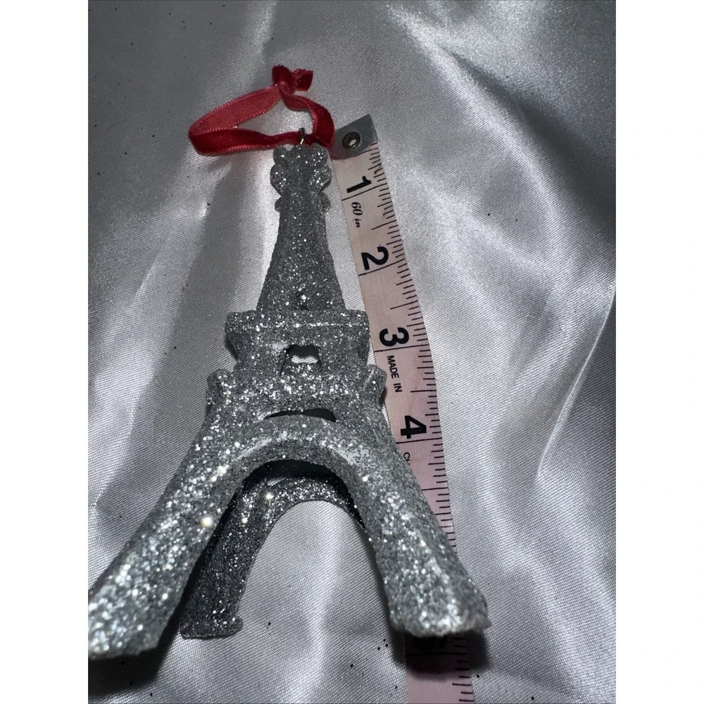 Silver Glitter Eiffel Tower Christmas Ornament Paris France Red Velvet Ribbon